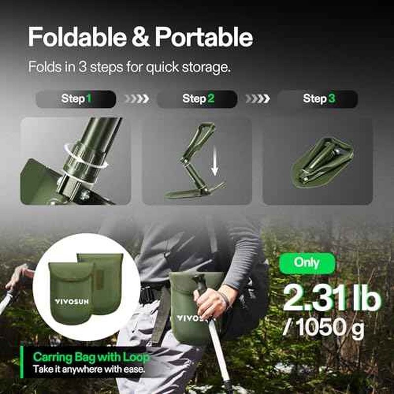 VIVOSUN Folding Survival Shovel, 22'' Camping Shovel, Military Portable Small Shovel with High Carbon Steel, Tactical Entrenching Tool for Hiking, Digging, Backpacking, Gardening, Off Road, Beach