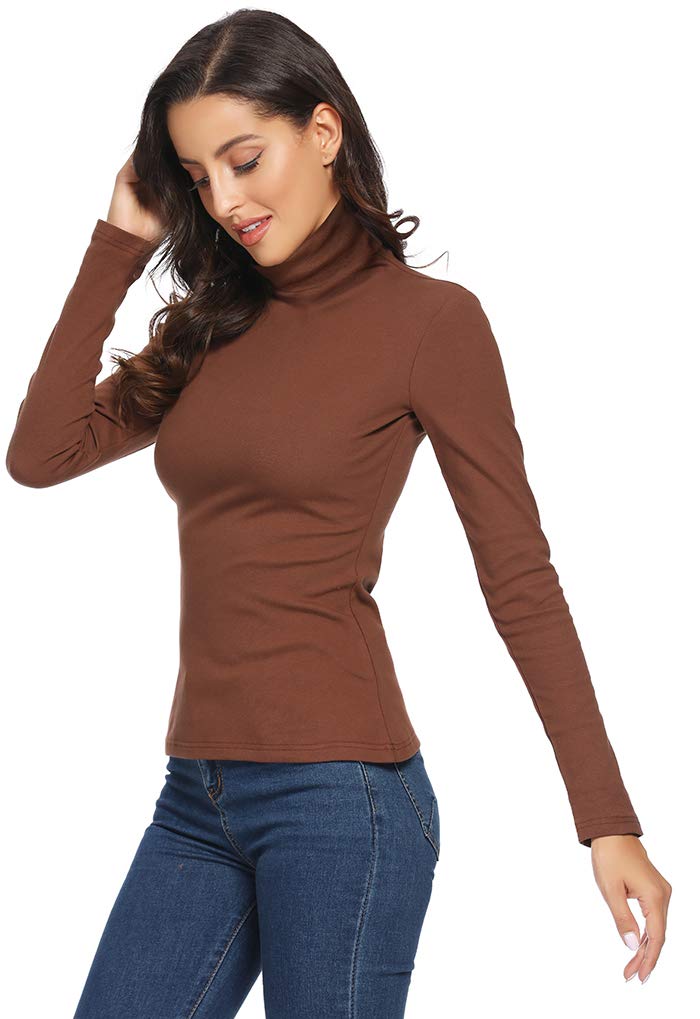 VIIOO Women's Long Sleeve Turtleneck Thermal T-Shirts Soft Fitted Pullover Cotton Tops(Brown/Turtleneck,M)