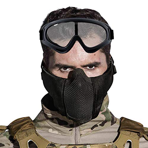 Yzpacc Airsoft Mask with Goggles, Foldable Half Face Airsoft Mesh Mask with Ear Protection for Paintball Shooting Cosplay CS Game