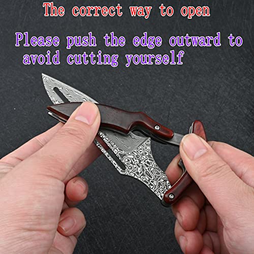 SDOKEDC Damascus Steel Folding Knife Tactical Military Pocket Knife Yellow Sandalwood Handle Mechanical Lock Outdoor Camping Survival Hunting Self Defense Multitool (Curved blade)