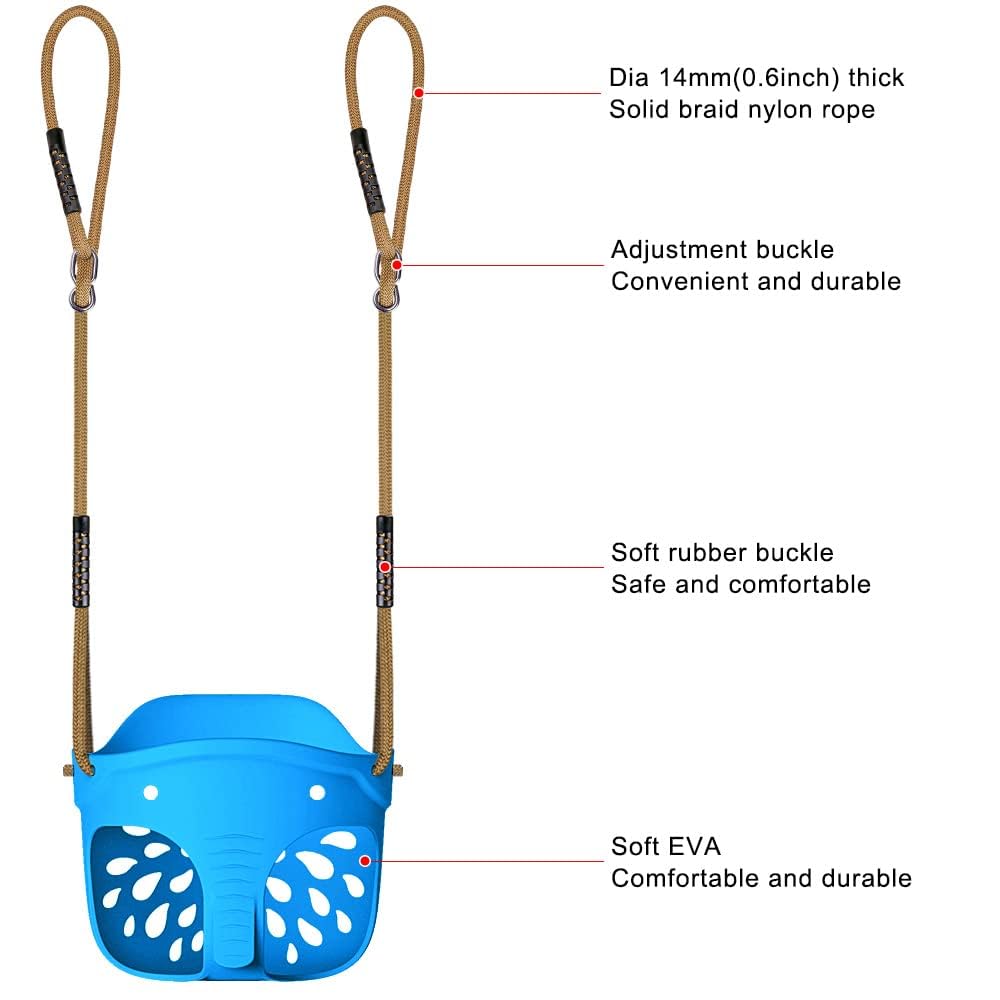 BeneLabel 600 LB Weight Capacity Full Bucket Toddler Swing Seat with Adjustable Height Rope from 4.2 to 6.7 FT High Back Bucket Seat Swing for Toddler - Cute Elephant Shape Design