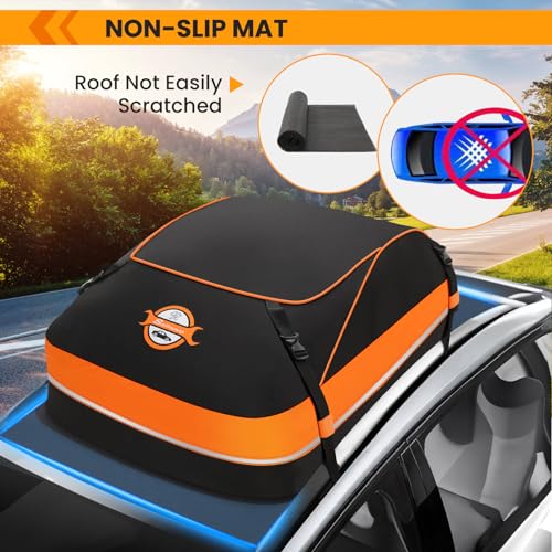 Sailnovo Rooftop Cargo Carrier, 15 Cubic Waterproof Soft-Shell Car Roof Cargo Carrier for Top of Vehicle with/Without Roof Rack, Car Top Carrier with Anti-Slip Mat, Safety Hooks & Storage Bag