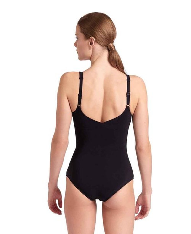 ARENA Women’s Bodylift Jewel Shapewear Wing Back One Piece Swimsuit C Cup Low Cut Leg Ladies Shaping Tummy Control Swimwear, Black/White, Size 38