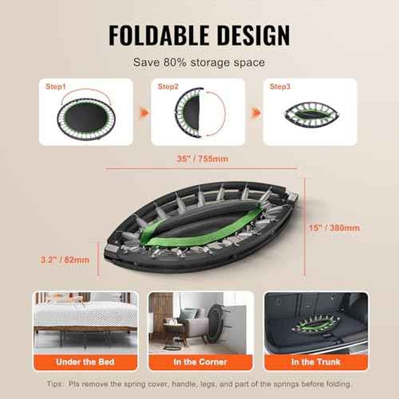 VEVOR Foldable Mini Trampoline, 40 Inch Fitness Rebounder, Max Load 330lbs Exercise Trampoline, Stable & Quiet Trampoline with 4 Level Height Adjustable Foam Handle, for Adults Indoor/Garden Workout