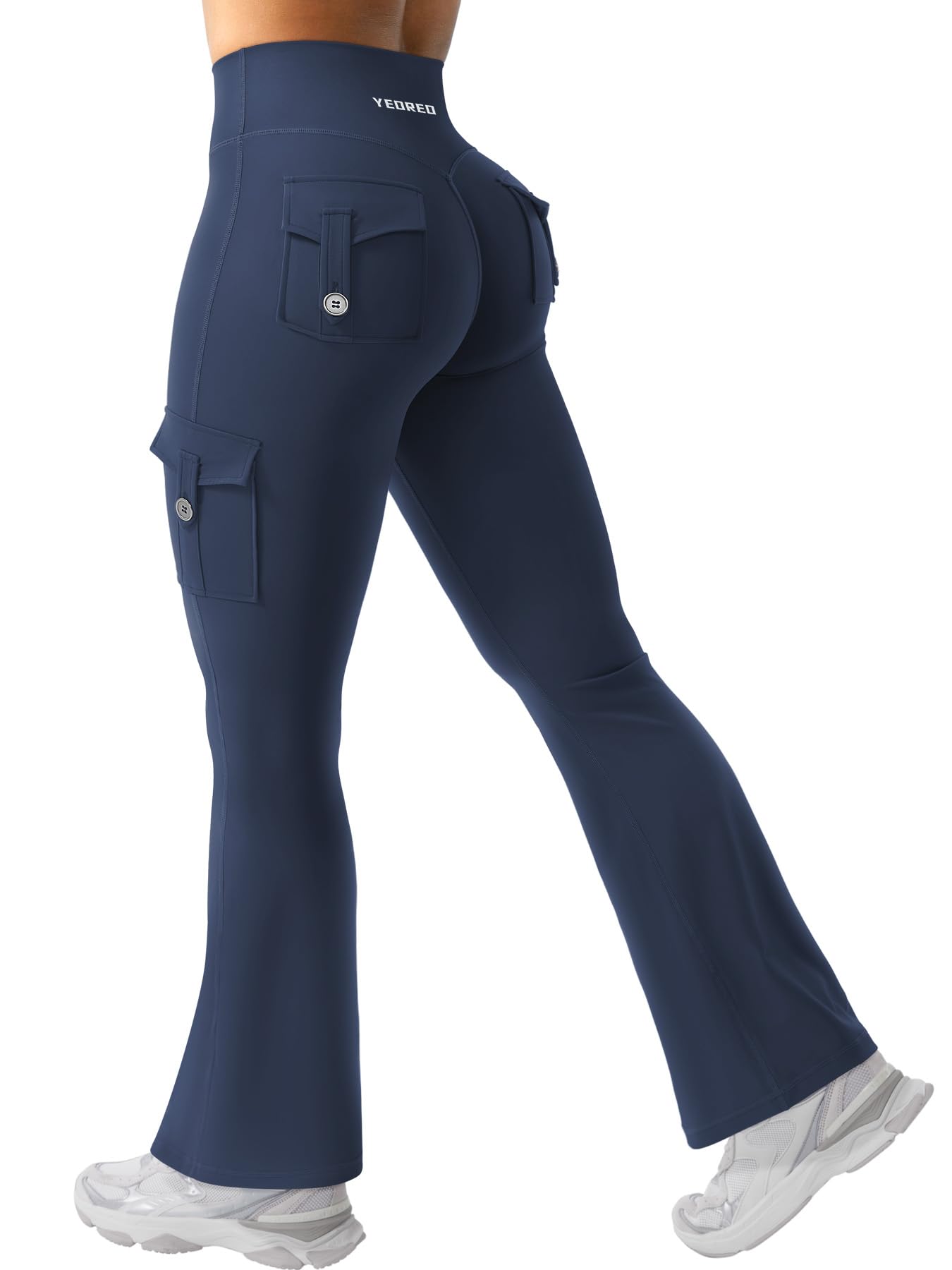YEOREO CoreFlex Women Workout Flare Leggings with Pockets Scrunch Cargo Gym Yoga Leggings Blue Navy S