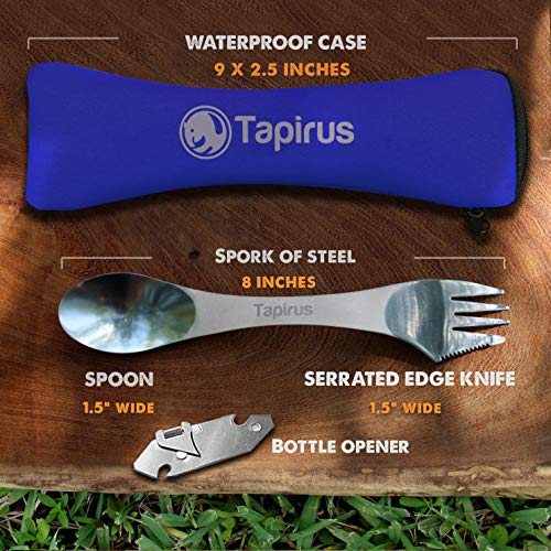 Tapirus 5 Spork Of Steel Utensils Set | Durable & Rust Proof Stainless Steel | Spoon, Fork & Knife Flatware | For Camping, Fishing, Hunting & Outdoor Activities | With Bottle Opener & Carrying Case