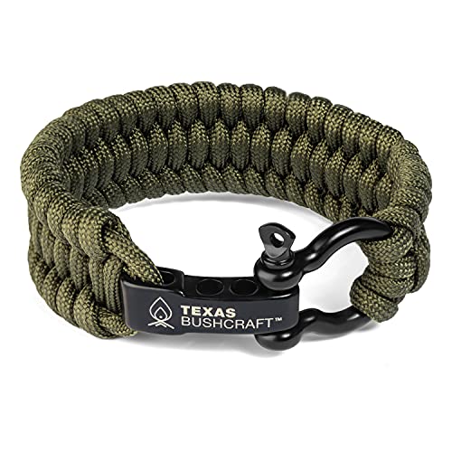 Texas Bushcraft Firecraft Cord Survival Bracelet – Paracord Bracelet with Bow Shackle for Camping and Emergency – 3 Extra Strands Include Wax Thread, Tinder, and Fishing Line (Army Green, M)