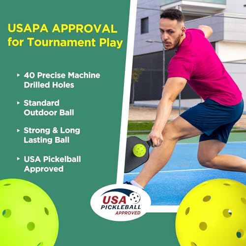 Carbon Fiber Pickleball Paddles, Anti-Slip Sweat-Absorbing Cushion Comfort Grip, 2 Paddles & 4 X-40 USAPA Standard Outdoor Pickleball (USAPA Approved for Tournament Play), 2 Grip Tapes, 1 Carry Bag