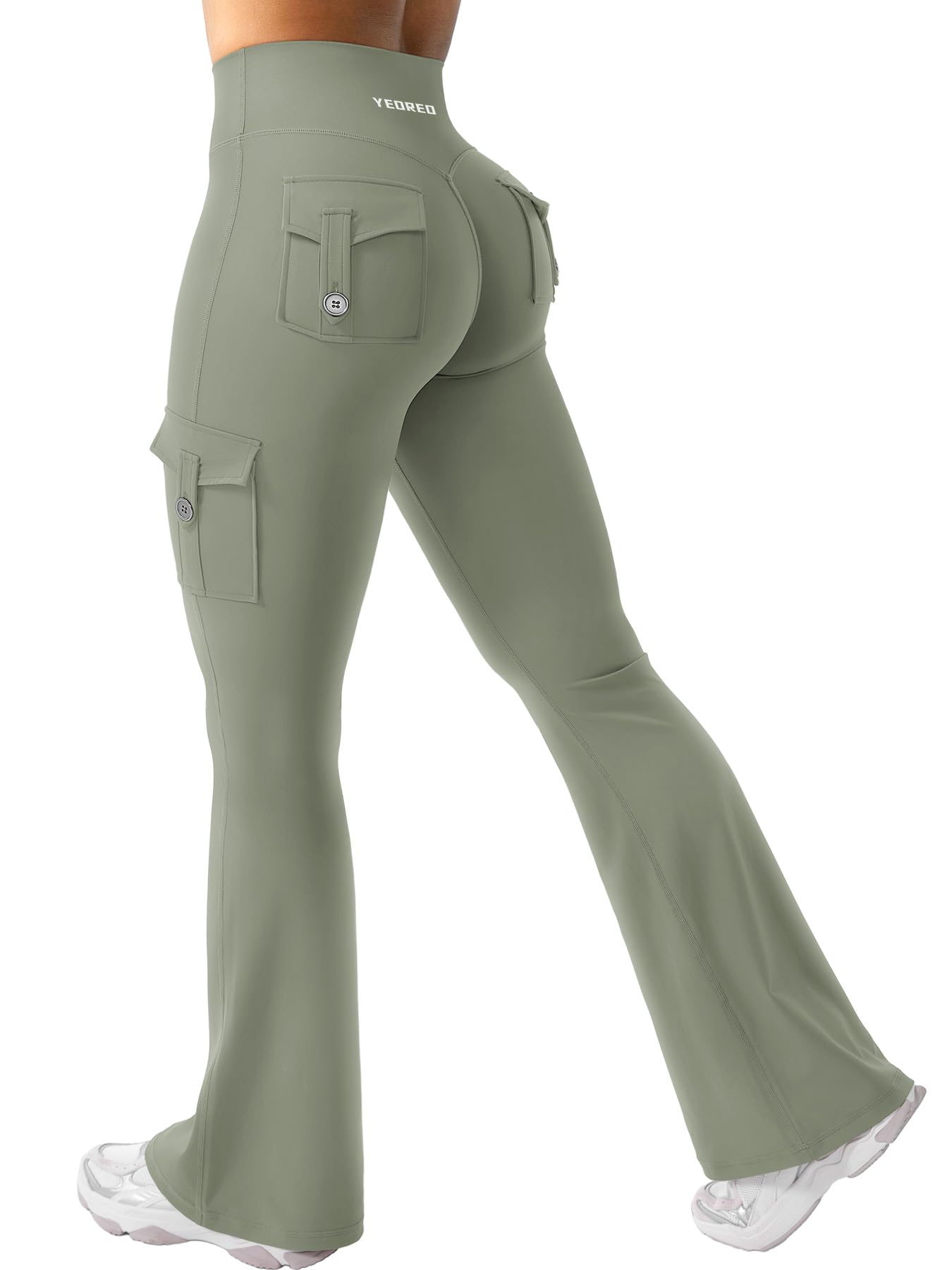 YEOREO CoreFlex Women Workout Flare Leggings with Pockets Hidden Scrunch High Waisted Cargo Gym Yoga Leggings Light Army Green XL