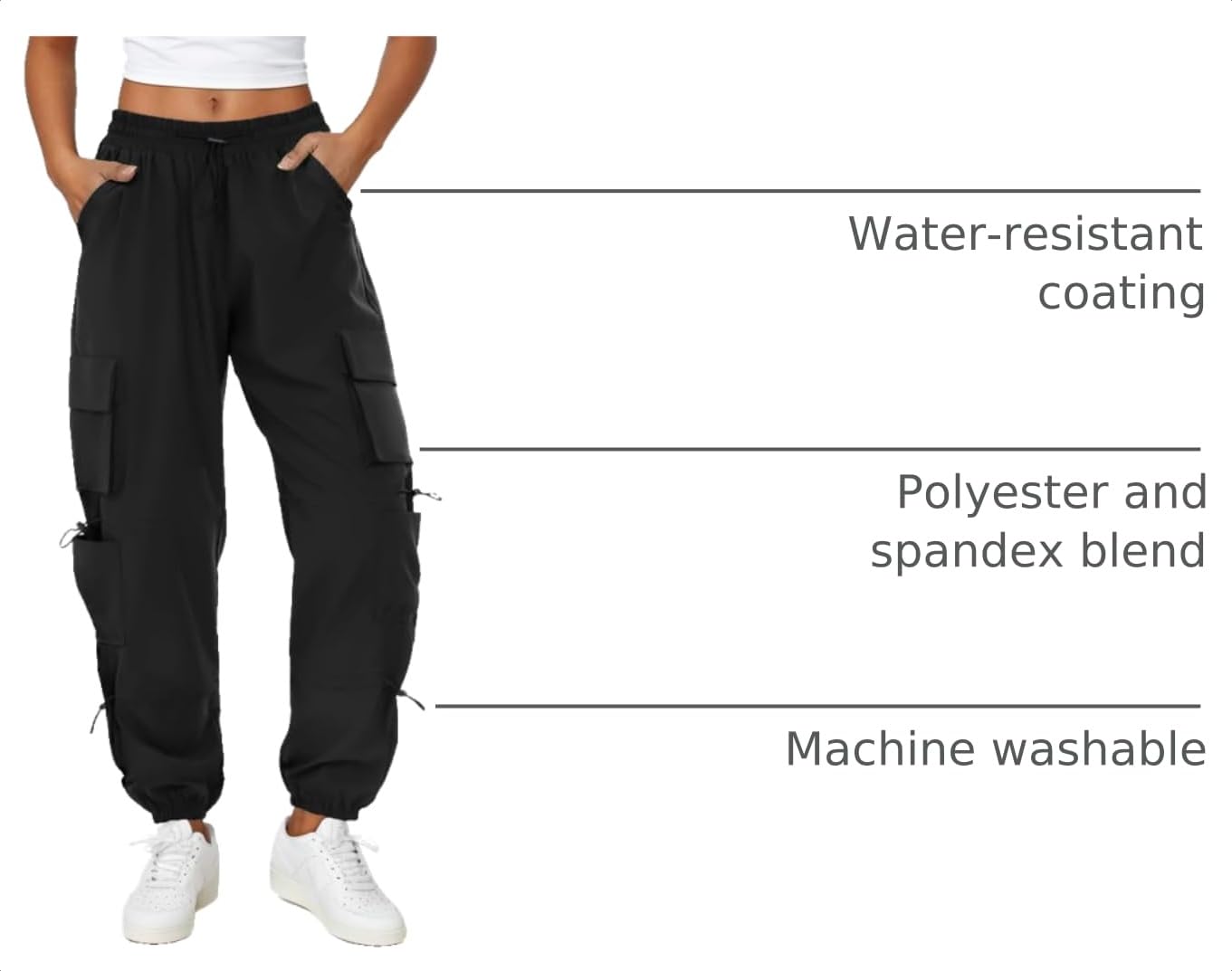 COPYLEAF Womens Parachute Cargo Pants with Pockets Quick Dry Hiking Pants Lightweight Water-Resistant Baggy Joggers(Black M)