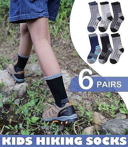 LINEMIN Kids Merino Wool Hiking Socks Toddlers Boys Girls Winter Warm Thick Thermal Boot Cushion Crew Socks 6 Pairs (8-12 Years, Mix Color Hiking Socks)