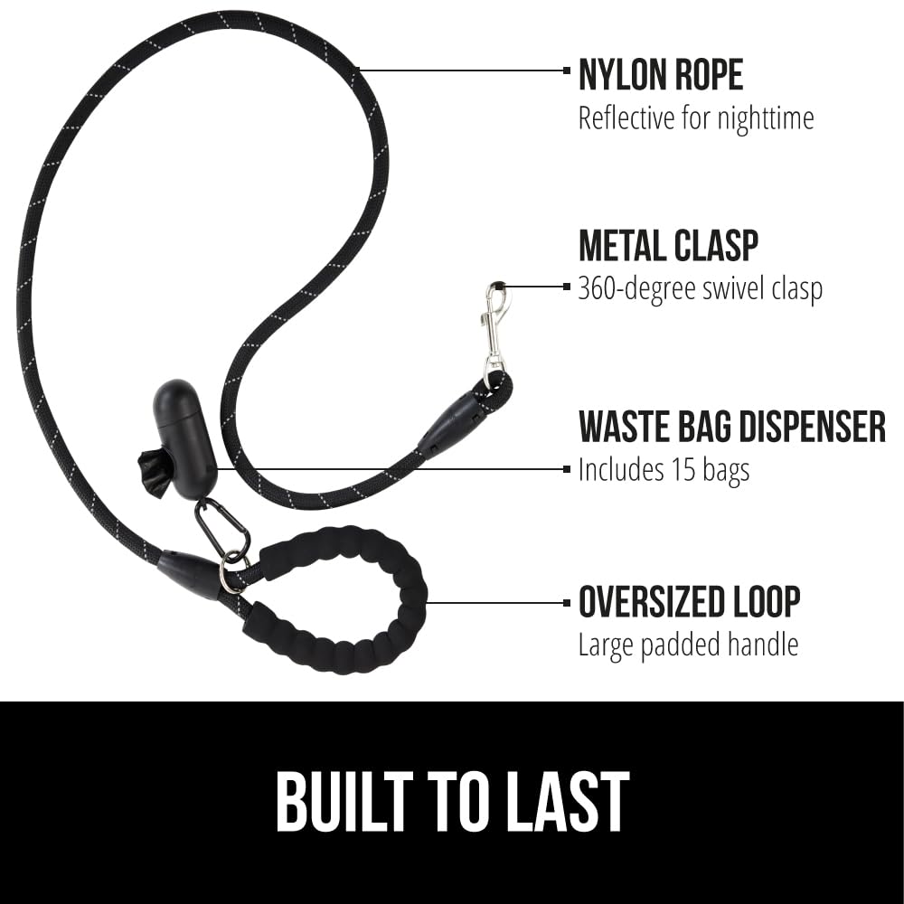 GORILLA GRIP Dog Leash, Heavy Duty Reflective Rope Leashes for 33lb Dogs, Cats, Small Animals, Puppy Training Essential for Walks, Hikes, Soft Handle, Rotating Metal Clip, Waste Bag Dispenser, Black
