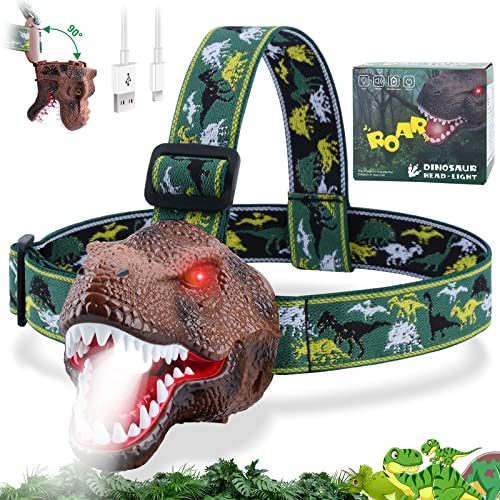 Nitigo Dinosaur Headlamp for Kids Flashlight Rechargeable Led Headlights Roar & Silent Mode, T-Rex Dinosaur Toys, Camping Gear, Gifts for Boys Girls Adults