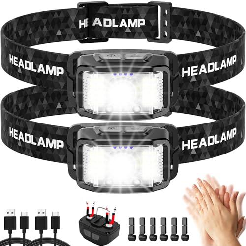 Headlamp Rechargeable,2 Pack 2000 Lumen Ultra Bright Led Headlamp,16 Modes Motion Sensor Head Lamp,Waterproof Lightweight White Red LED Flashlight for Camping,Cycling,Running,Headlamps for Adults 1