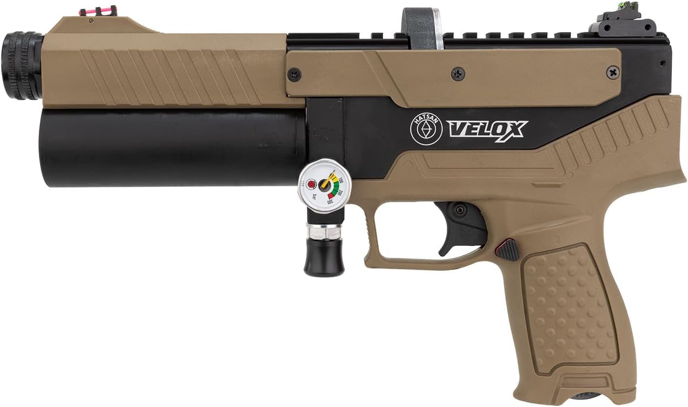 Hatsan Velox PCP Air Pistol .25 Cal Semi-Auto Pellet Gun, 580 FPS, 20 Joules, 10 RDS, Red Dot Sight w/ Wearable4U Pellets and Paper Targets Bundle (FDE, MPN: HGVLX25FDE)