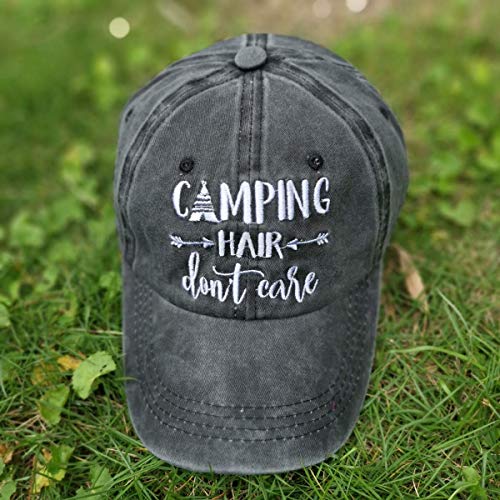 Waldeal Womens Embroidered Camping Hair Don't Care Ponytail Hat Adjustable Glamping Baseball Cap Black