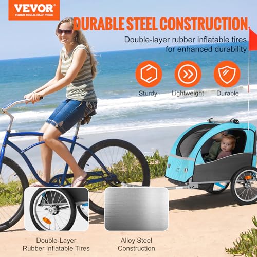 VEVOR Bike Trailer for Toddlers, Kids, Double Seat, 110 lbs Load, Tow Behind Foldable Child Bicycle Trailer with Universal Bicycle Coupler, Canopy Carrier with Strong Carbon Steel Frame, Blue and Gray