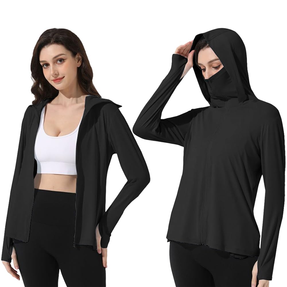 Mingyuezai Women's UPF 50+ Sun Protection Jacket UV Lightweight Hooded SPF Long Sleeve Sun Shirt(Z3724BK,XS)