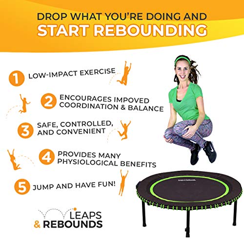 Leaps and ReBounds Mini Trampoline for Adults And Kids - Rebounder with Online Workout Videos - For Outdoor Games, Fitness, and Recreational Activities - Safe, Quiet, Durable Cardio Exercise Equipment