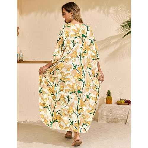 MAKABO Kaftan Dresses for Women, Summer Hawaii Swimsuit Cover Up, V Neck Caftan Beach Vacation Print Dress