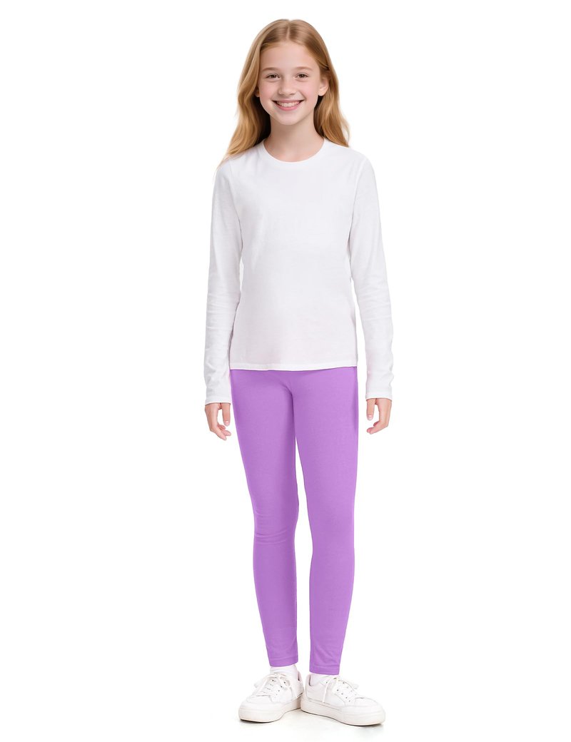 BOOPH 5 Pack Girls Leggings Cotton Full Length Stretchy Kids Pants Footless Black/Navy/Khaki/Pink/Purple 12-14 Years