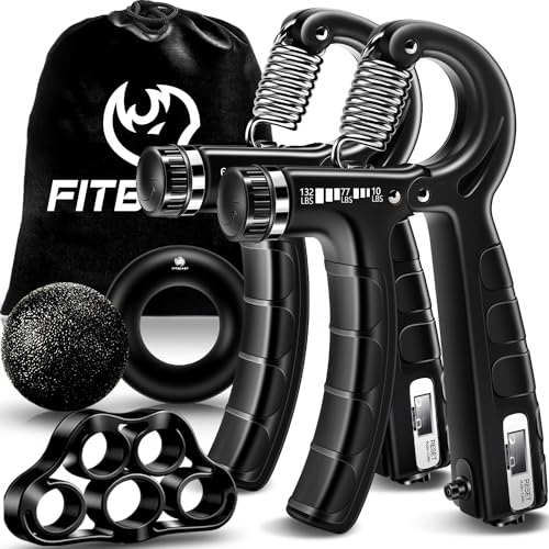 FitBeast Hand Grip Strengthener Workout Kit (5 Pack), 2 Forearm Grip Adjustable Resistance Hand Gripper, Finger Stretcher, Grip Ring & Stress Relief Grip Ball for Athletes