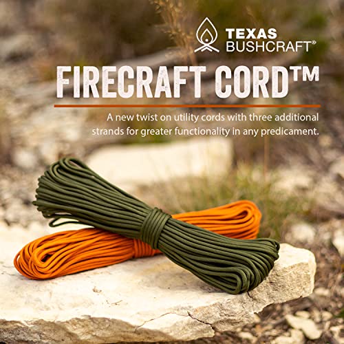 Texas Bushcraft Firecraft Cord - Utility Paracord Survival Rope, Parachute Cord for Survival Gear – 3 Extra Strands for Emergency Preparedness Fishing, Sewing and Tinder (Army Green, 25 ft)