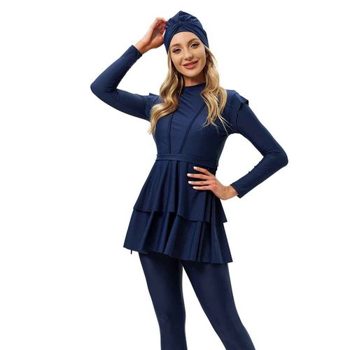 OBEEII Womens Muslim Swimsuits Full Coverage Long Sleeve Swimwear Burkini Hijab Bathing Suit Blue