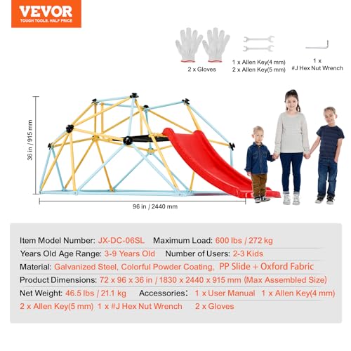 VEVOR Climbing Dome, Jungle Gym Supports 600LBS and Easy Assembly, 6FT Geometric Dome Climber Play Center for Kids 3 to 9 Years Old, with Climbing Grip, Outdoor and Indoor Play Equipment for Kids