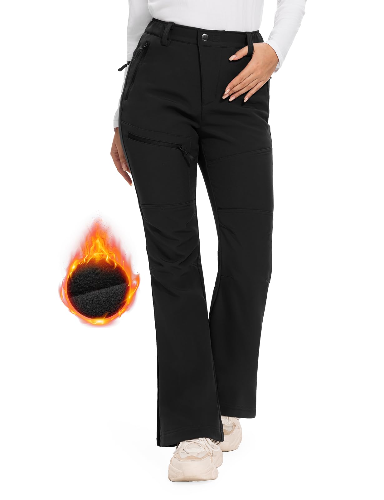 Hiauspor Womens-Snow-Ski-Pants-Fleece-Lined-Water-Resistant Insulated Thermal Flare Warm for Snowboard Winter Hiking(Black, 8, 31")