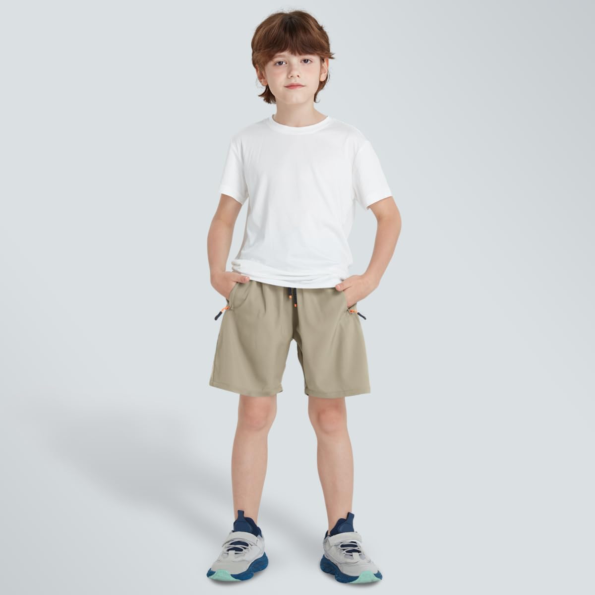 ANHDM Boys Athletic Shorts Quick Dry Sport Shorts Lightweight Running Shorts with Zipper Pockets (Pack of 2), B/Khaki&Grey Blue, 11-12T