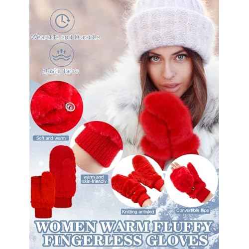 SATINIOR Faux Fur Mittens Fingerless Gloves Convertible Gloves Fluffy Winter Warm Soft Half Finger Fuzzy Mittens for Women