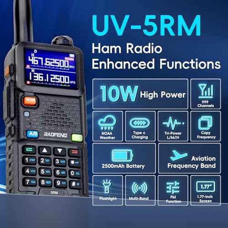 Baofeng Radio Ham Radio Handheld 5RM 10W Long Range 4 Rechargeable Batteries NOAA Weather Two Way Radio Walkie Talkie for Adults with Programming Cable,999CH for Survival Gear Hunting Camping, 2 Pack