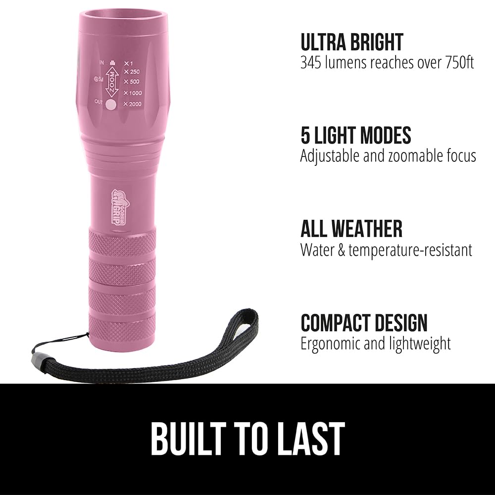 GORILLA GRIP Powerful LED 750 FT Water Resistant 5 Adjustable Mode Tactical Flashlight, High Lumens Ultra Bright Battery Zoom Flashlights, Small Camping Car Mini Flash Light Accessories, 2 Pack, Pink