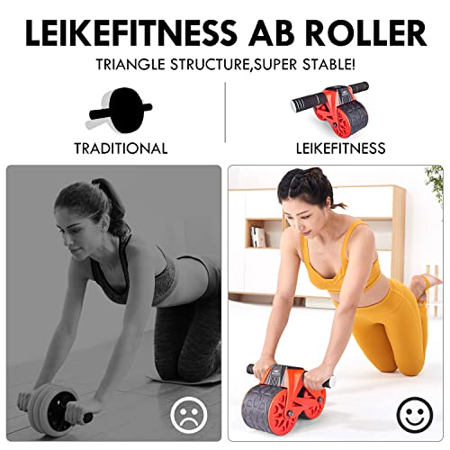 leikefitness Ab Wheel Roller Automatic Rebound with Knee Pad Mat,Core Muscle Ab Trainer,Ab Workout Equipment for Abdominal Exercise AB1300(Red)