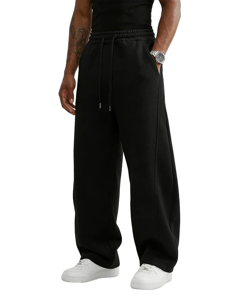 Wangdo Men's Baggy Sweatpants Wide Leg Lounge Cotton Jogging Pants Casual Elastic Waist Joggers with Pockets Black