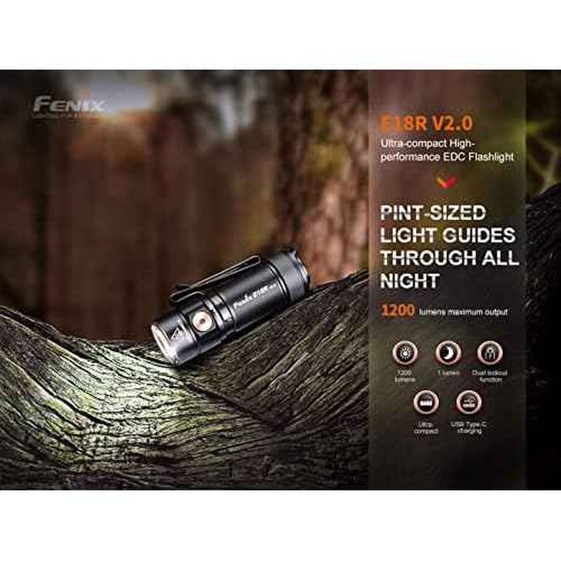 Fenix E18R V2.0 1200 Lumens EDC USB-C Rechargeable Flashlight with 2X ARB-L16 and a Lumentac Organizer