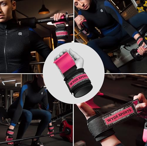 Professional Lifting Straps and Heavy Duty Hooks | 7mm Think Neoprene Padded Wrist Wraps for Weightlifting Support & Grip - Ideal Gym Gloves for Men Women Pair - Pink