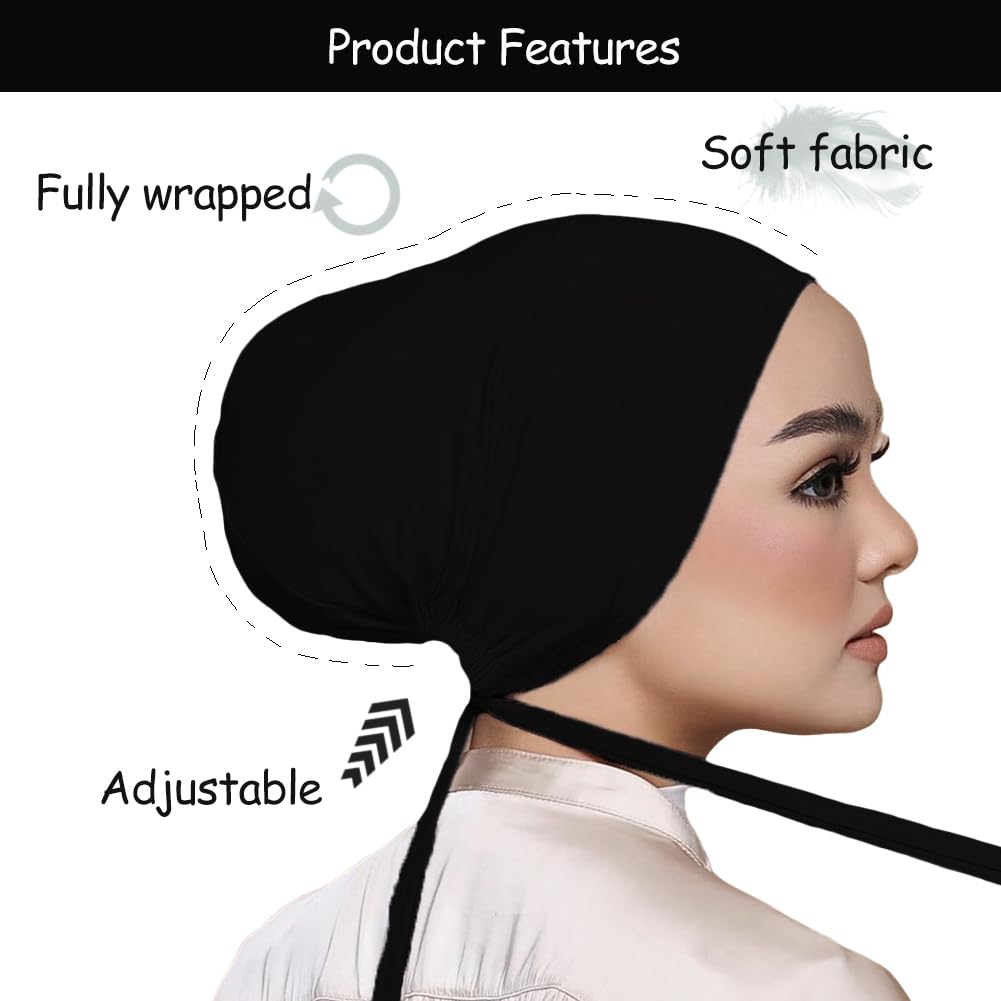 Hophor Black Hijab Undercap Islamic Muslim Under Scarf Hijab Caps with Tie-Back Closure Women Chemo Hat (Black+Nude)