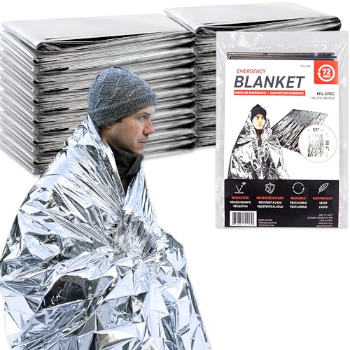 72 HRS MIL-SPEC Emergency Space Blankets – Mylar Survival or Emergency Thermal Blankets for Camping, Hiking, Marathon, First Aid, Emergency Preparedness, Extreme Weather, Shelter (12-Pack)