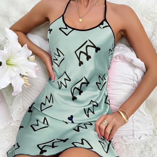 Womens Nightdress Fashion Print Sexy Backless Ice Silk Sling Pajamas Dresses Nightgowns Chemise Sleepwear Lingerie Style003 White Large