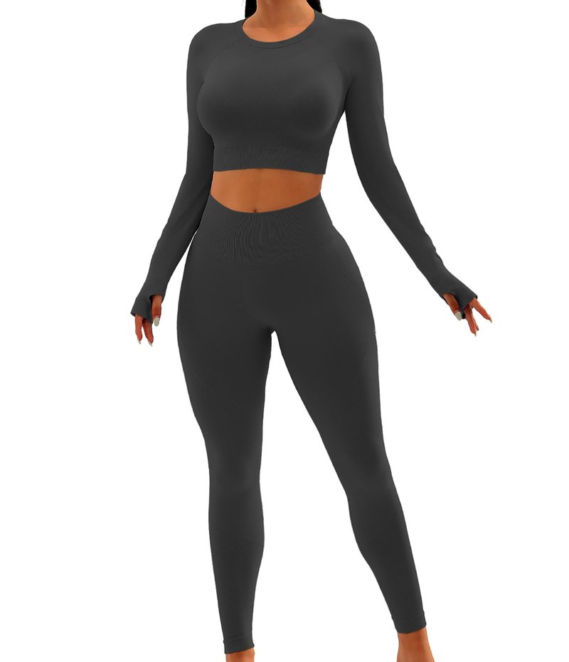 YOAKUKA 2 Piece Workout Legging Sets for Women Yoga Gym Outfit Seamless Long Sleeve Athletic Active Wear Tummy Control