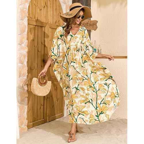 MAKABO Kaftan Dresses for Women, Summer Hawaii Swimsuit Cover Up, V Neck Caftan Beach Vacation Print Dress