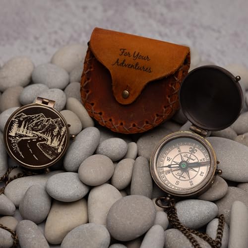 SFdizayn Mountains and Road Engraved Working Handmade Antiqued Brass Compass Gift for Men with ''for Your Adventures'' Stamped Leather Case