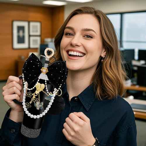 LBU Bling Stanley Cup Accessories for 40/30/20 oz Tumbler with Handle Including Glitter Bow Straw Topper, Heart Straw Cover, Pearl Water Bottle Handle Strap, Boot, Pom-Pom, Keychain Charms(Black)