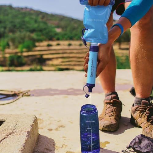 Membrane Solutions Personal Water Filter, Survival Filtration Straw Portable Gear, Emergency Preparedness, Supply for Drinking Hiking Camping Travel Hunting Fishing Team Family Outing (Blue, 1 Pack)