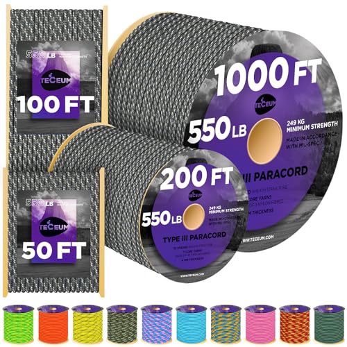 TECEUM Reflective Paracord Rope 1000 – 1000ft / 200ft / 120ft / 100ft / 50ft – 40+ Colors – Parachute Cord for Survival & Camping Gear – Nylon String, para Cord, Utility Nylon Rope, Tent Cord