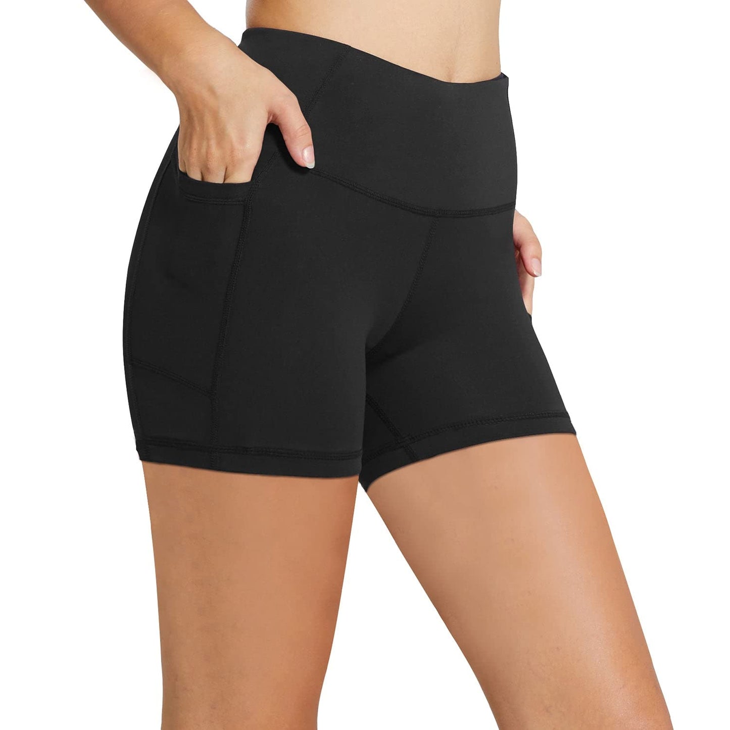 baleaf Biker Shorts for Women 5" Workout Yoga Gym Spandex Running Volleyball Compression Tummy Control Short with Pockets Black S