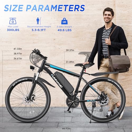 Funhang Electric Bike for Adults, 26'' 750W Peak Ebike, Up to 50 Miles 21.7MPH Electric Mountain Bike with 48V 374.4WH Removable Battery, Adjustable Stem, Fenders, Lockable Suspension Fork, 21-Speed