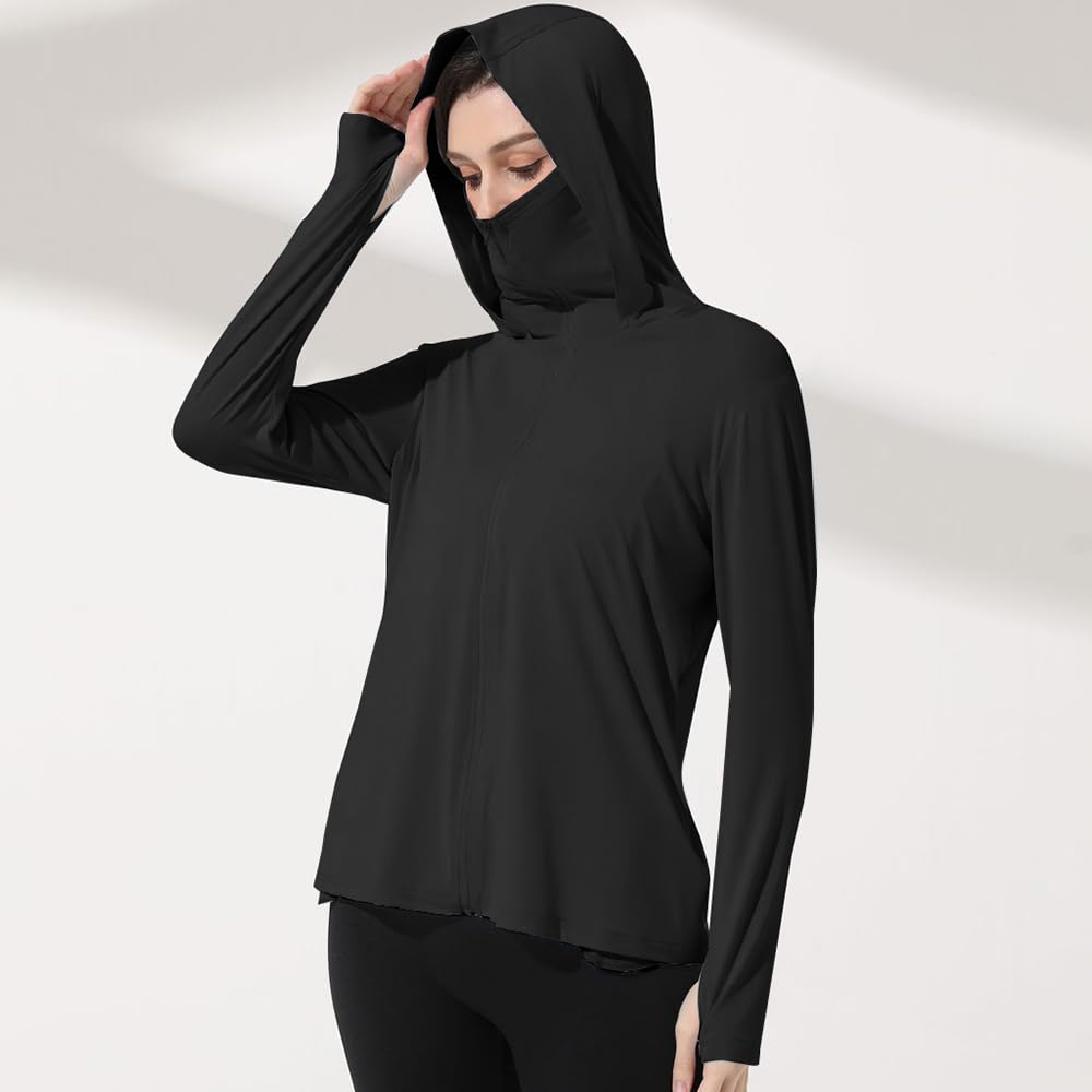 Mingyuezai Women's UPF 50+ Sun Protection Jacket UV Lightweight Hooded SPF Long Sleeve Sun Shirt(Z3724BK,XS)